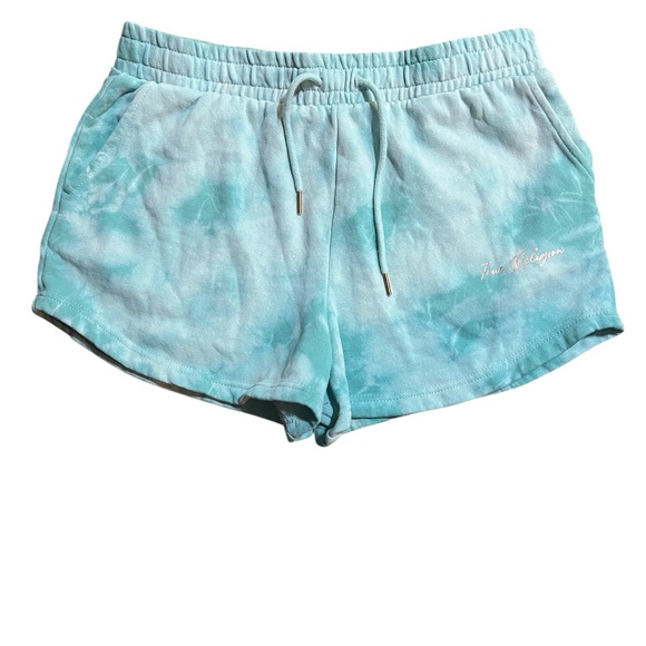 True Religion Aqua Tie-Dye Foil Logo Fleece Shorts Drawstring Waist Size Large - Picture 1 of 5